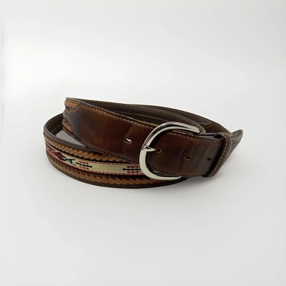 Vtg Silver Creek Belt Mens 46 Brown Leather Woven Native Embroidery Southwestern